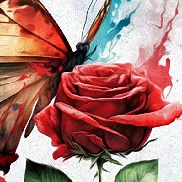 Butterfly with a Single Red‎ Rose Watercolor Oil Painting Art Print - Picture 5 of 7